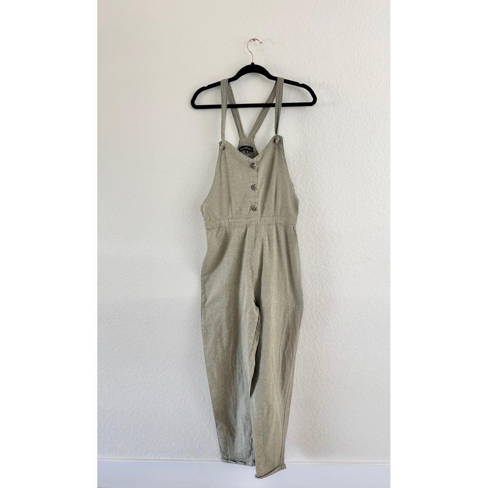 Derek Heart Jumpsuit Women Large Sage Green Linen Blend Button Front Overalls